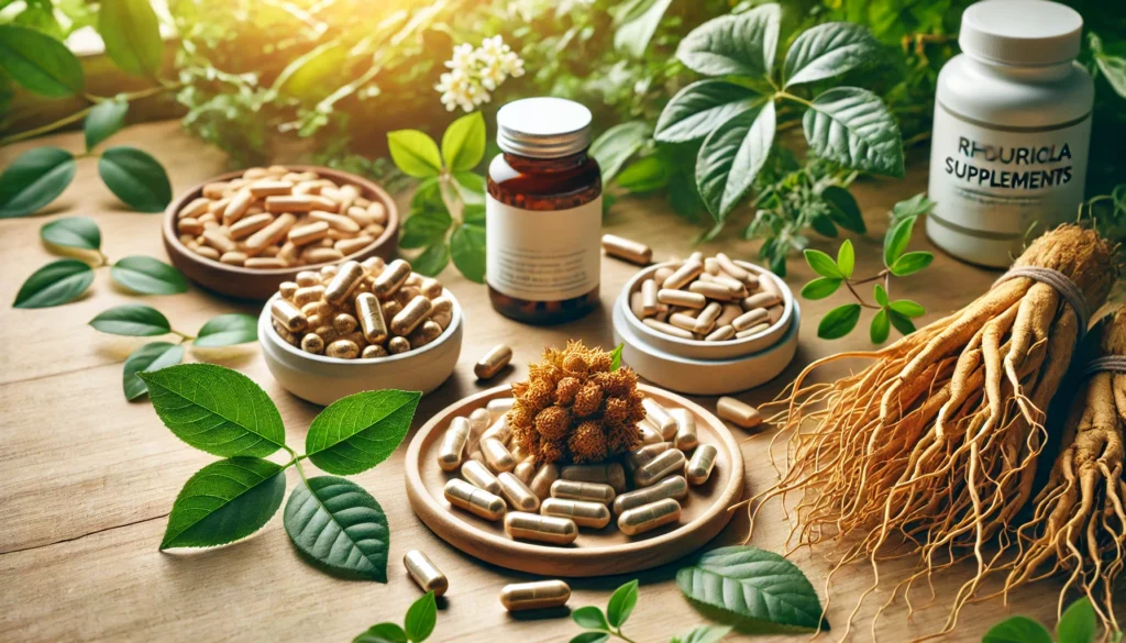 Natural Vyvanse Substitute Options: Safe, Evidence-Based Alternatives for Focus and Energy Without a Prescription 3 Natural supplements including Rhodiola rosea, ginseng, and L-theanine capsules displayed on a wooden surface, symbolizing natural energy-boosting alternatives.
