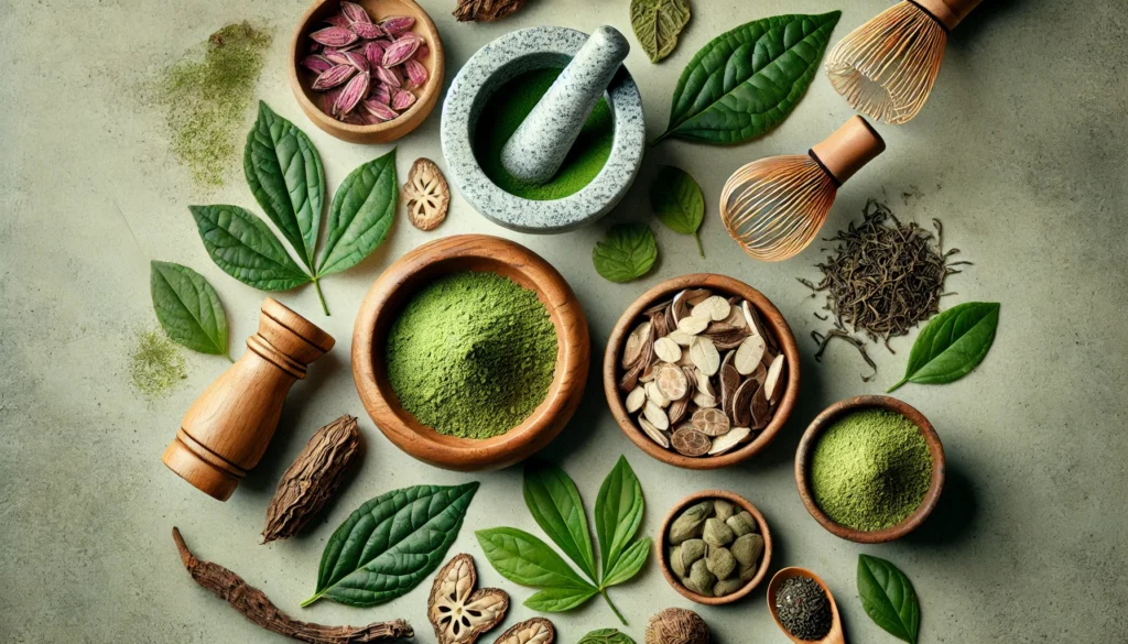 Natural Vyvanse Substitute Options: Safe, Evidence-Based Alternatives for Focus and Energy Without a Prescription 2 A serene flat lay of maca root powder, green tea, and matcha in wooden bowls, highlighting plant-based options for enhanced focus and clarity.