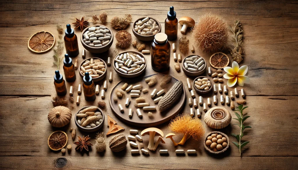 Natural Vyvanse Substitute Options: Safe, Evidence-Based Alternatives for Focus and Energy Without a Prescription 1 A peaceful setting with ashwagandha, bacopa monnieri, lion’s mane, and tinctures, symbolizing holistic natural support for energy and cognition.
