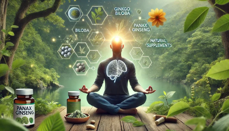 A focused person meditating in nature, surrounded by herbal elements like ginkgo biloba and panax ginseng, representing mental clarity through natural supplements.