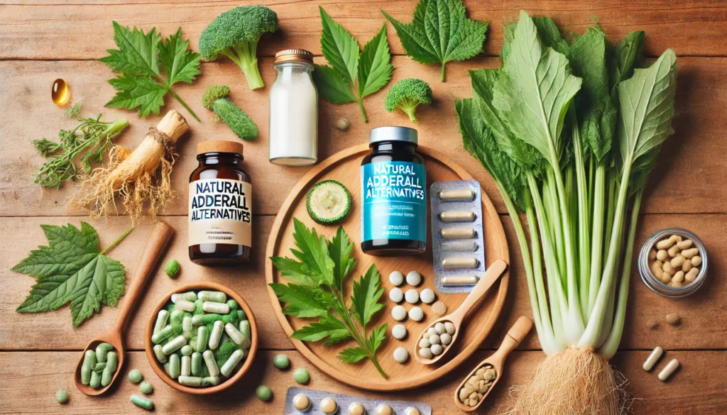 Natural Adderall Alternatives for Adults: Safe, Evidence-Based Substitutes During the Shortage 3 A clean flat lay of natural supplements like ginseng, Rhodiola rosea, and L-tyrosine capsules arranged with greenery on a wooden surface, symbolizing natural focus support.