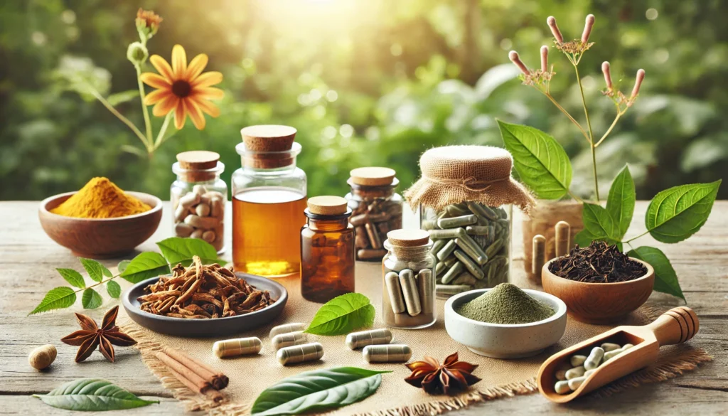 Natural Adderall Alternatives for Adults: Safe, Evidence-Based Substitutes During the Shortage 2 A peaceful scene with ashwagandha, maca root, green tea, and powdered jars arranged naturally, representing holistic energy and attention-enhancing alternatives to Adderall.