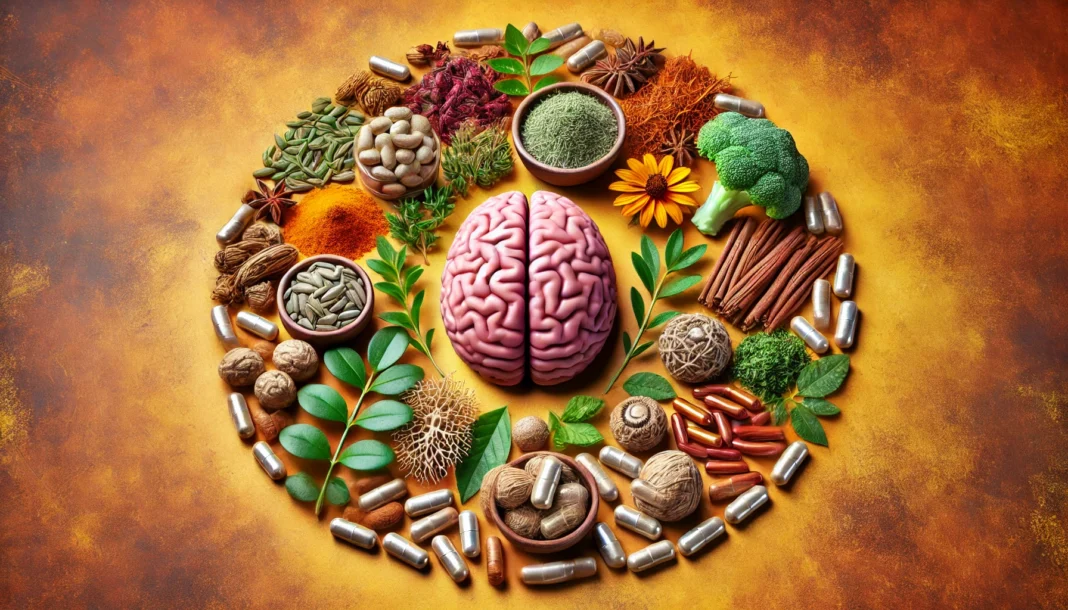 A conceptual image of a glowing brain surrounded by bacopa monnieri, lion’s mane mushrooms, Rhodiola, and supplement capsules, emphasizing natural cognitive support for adults.
