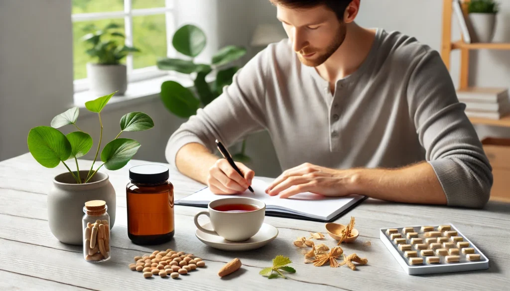 Natural Adderall Alternatives for Adults: Safe, Evidence-Based Substitutes During the Shortage 1 An adult working at a bright desk with a cup of herbal tea, alongside subtle ginkgo biloba, panax ginseng, and L-theanine supplements, symbolizing productivity through natural means.