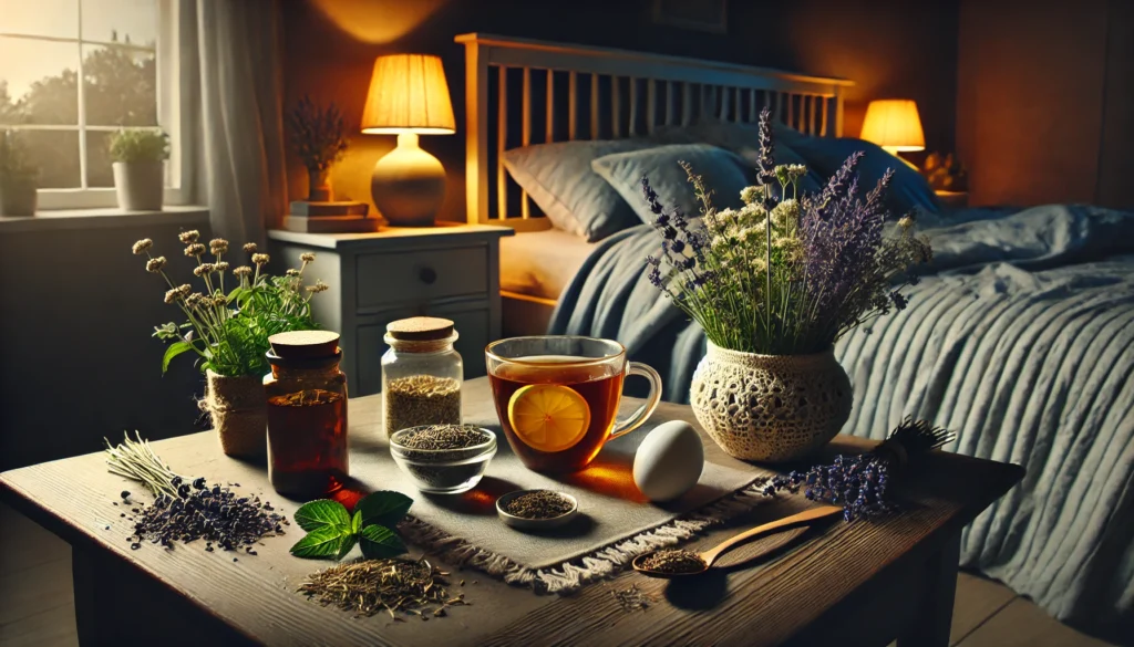 Trazodone Natural Alternatives: Safe and Effective Over-the-Counter Options for Restful Sleep and Mood Balance 1 A serene nighttime bedroom scene with herbal tea and calming herbs like lemon balm, skullcap, and lavender on the nightstand, representing herbal sleep solutions.