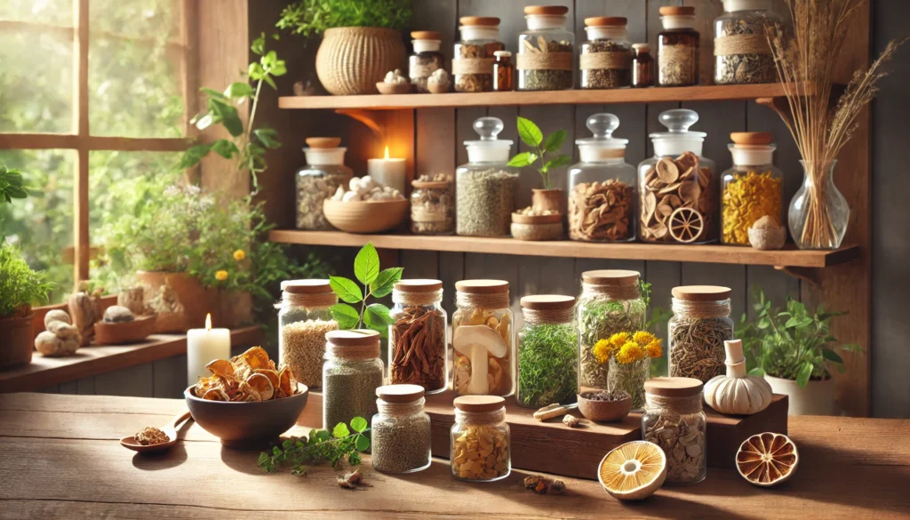 Trazodone Natural Alternatives: Safe and Effective Over-the-Counter Options for Restful Sleep and Mood Balance 2 A peaceful herbal apothecary with wooden shelves displaying dried calming herbs like reishi, ashwagandha, and lemon balm, symbolizing holistic natural mood and sleep support.