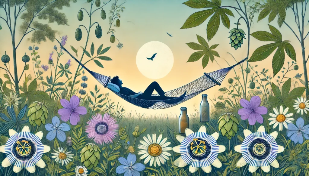 Trazodone Natural Alternatives: Safe and Effective Over-the-Counter Options for Restful Sleep and Mood Balance 3 A person relaxing in a hammock surrounded by wild herbs like chamomile, hops, and passionflower, representing outdoor-inspired natural remedies for sleep and relaxation.