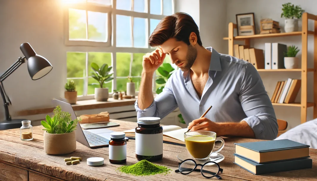An adult working in a calm study setting with herbal tea and supplement containers, symbolizing improved attention using natural alternatives.