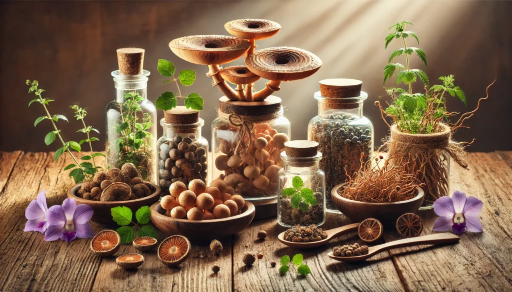 Natural Adderall Alternatives That Work: Safe, Effective Over-the-Counter Substitutes for Focus and Energy 1 A nature-inspired scene with lion’s mane, bacopa monnieri, and ashwagandha in jars and bowls, highlighting powerful botanical options for mental clarity.
