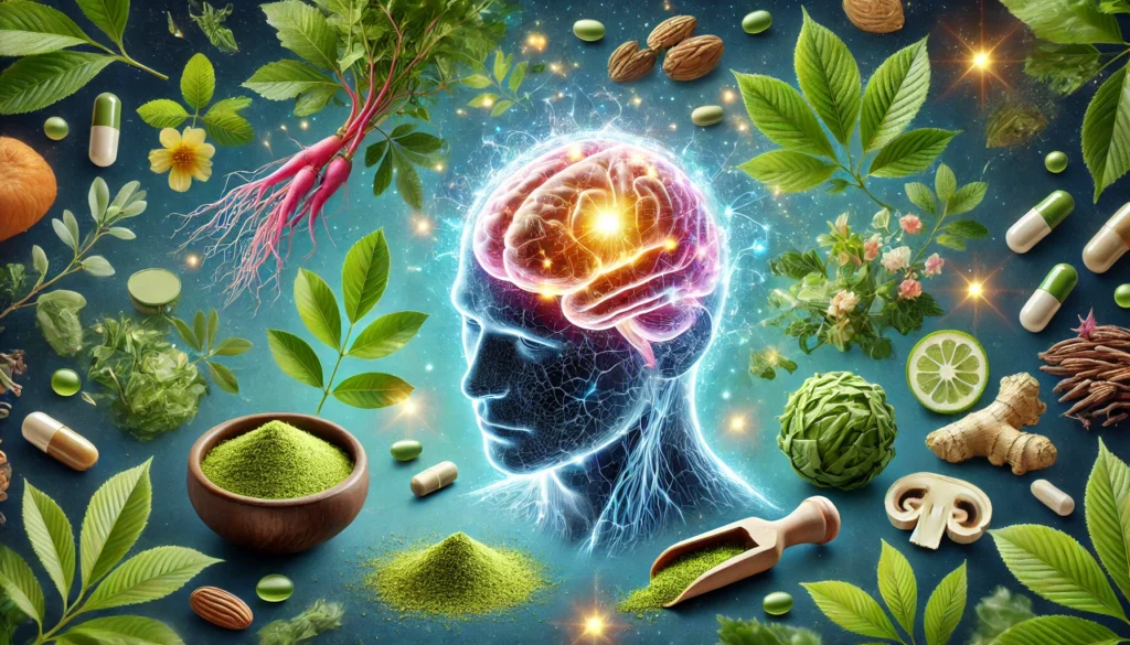 Natural Adderall Alternatives That Work: Safe, Effective Over-the-Counter Substitutes for Focus and Energy 2 A glowing brain surrounded by natural elements like ginseng, matcha, and herbal capsules, symbolizing enhanced cognitive function through proven plant-based alternatives.