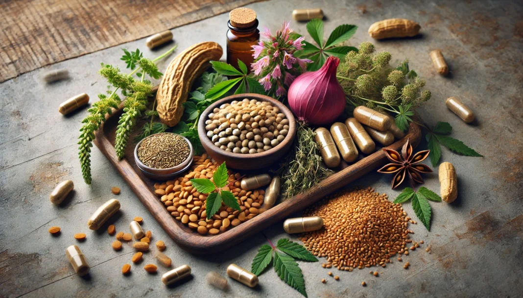 An artistic arrangement of tribulus terrestris, ginseng extract, and zinc tablets with fresh herbs and citrus slices, symbolizing natural hormone balance and non-prescription erectile dysfunction remedies.