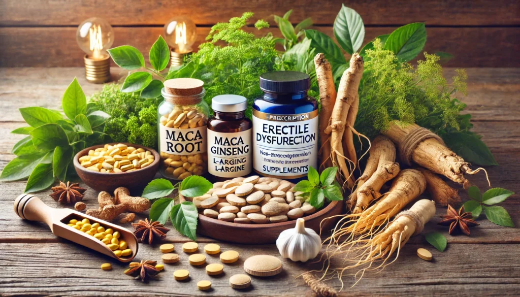 Natural Viagra and Beyond: The Best Non-Prescription Remedies for Erectile Dysfunction That Actually Work 1 A natural wellness arrangement with maca root, ginseng, and L-arginine supplements placed on a rustic wooden surface with soft lighting and greenery, symbolizing non-prescription remedies for erectile dysfunction.