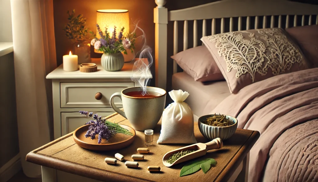 Natural Xanax Alternatives That Work: Safe and Effective Herbal Remedies for Anxiety and Stress Relief 1 A peaceful nightstand scene featuring chamomile tea, lavender sachet, magnesium capsules, and ashwagandha, symbolizing natural support for sleep and anxiety reduction.