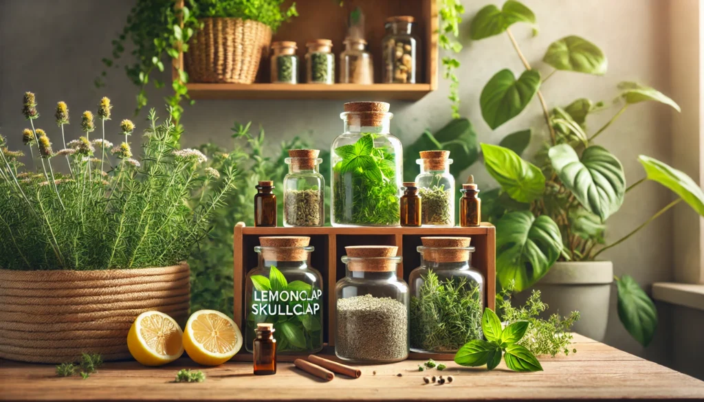 Natural Xanax Alternatives That Work: Safe and Effective Herbal Remedies for Anxiety and Stress Relief 2 A natural apothecary setup with lemon balm, skullcap, and holy basil in glass jars on wooden shelves, surrounded by greenery and soft daylight, evoking plant-based anti-anxiety remedies.