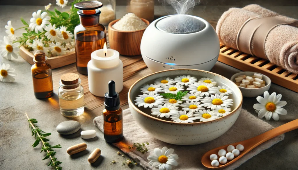 Natural Xanax Alternatives That Work: Safe and Effective Herbal Remedies for Anxiety and Stress Relief 3 A tranquil scene with a bowl of water and floating chamomile flowers, an essential oil diffuser, and natural supplements like GABA and L-theanine, symbolizing holistic calming practices.