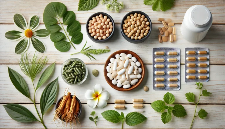 A clean arrangement of L-theanine, Rhodiola rosea, Panax ginseng, and caffeine capsules on a wooden surface with greenery, symbolizing OTC Modafinil alternatives for energy and focus.