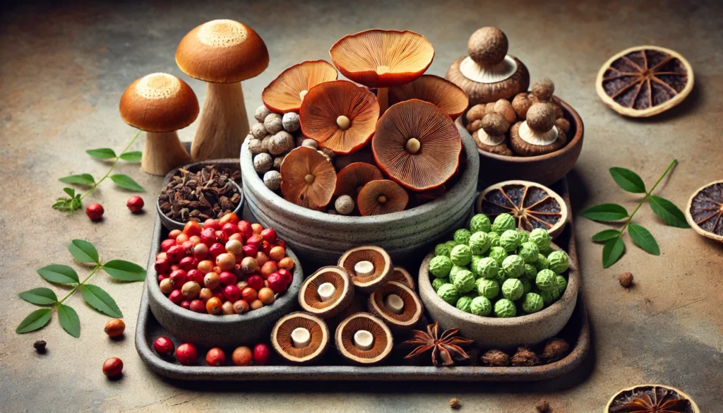 An earthy setup of lion’s mane mushrooms, bacopa monnieri, and guarana berries in ceramic dishes, highlighting natural brain-boosting alternatives to Modafinil.