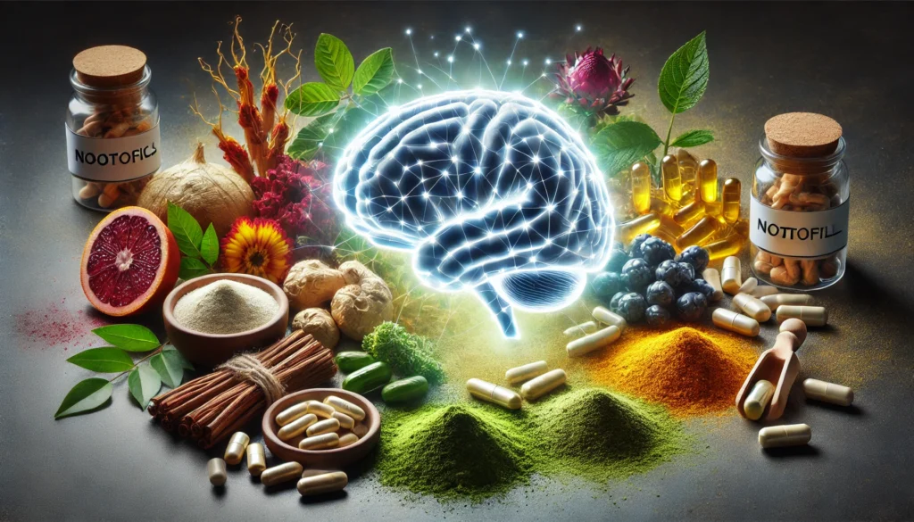 A glowing brain surrounded by Rhodiola, matcha powder, ginseng, and herbal capsules, symbolizing natural cognitive enhancement from over-the-counter Modafinil substitutes.