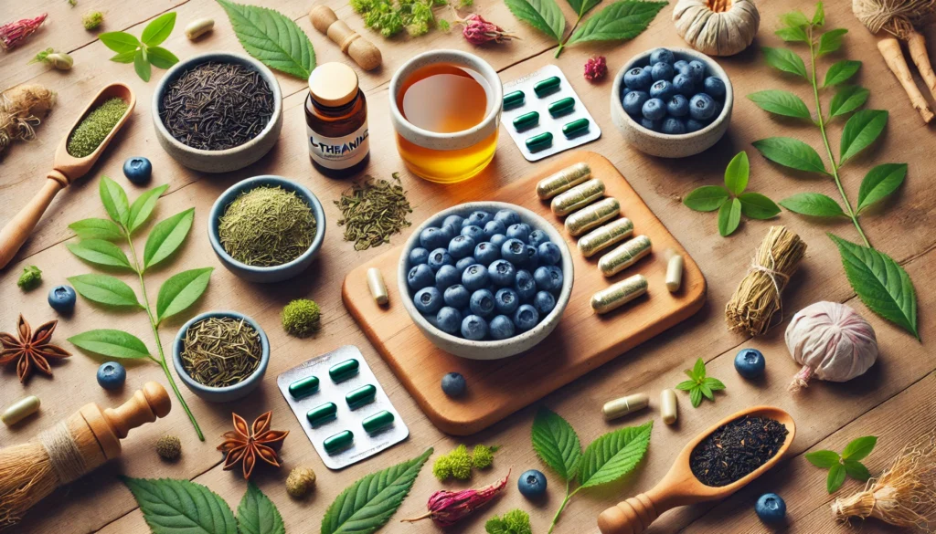 Natural Ways to Sharpen Focus: Herbal Supplements as Methylphenidate Alternatives That Support Cognitive Health 3 A bright arrangement of green tea, L-theanine capsules, ginseng, and blueberries on a wooden surface with herbs, symbolizing natural focus and mental clarity.