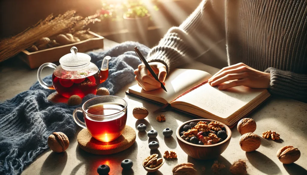 Natural Ways to Sharpen Focus: Herbal Supplements as Methylphenidate Alternatives That Support Cognitive Health 2 A morning scene with a person journaling or reading near herbal tea and a bowl of walnuts and berries, highlighting lifestyle habits that support concentration.
