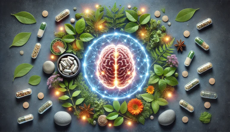 A conceptual image of a glowing brain surrounded by fresh herbs, nootropic capsules, and calming stones, visually representing natural methods to enhance focus and clarity.
