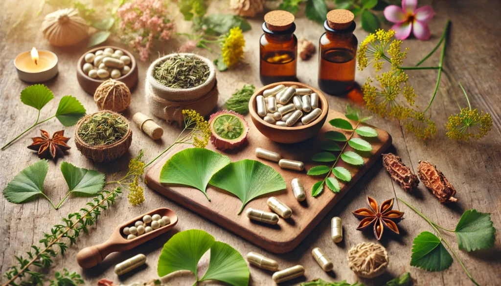 A focused adult or teen studying at a desk with herbal tea and supplements like ginseng, bacopa monnieri, and lemon balm, representing plant-based ADHD support.