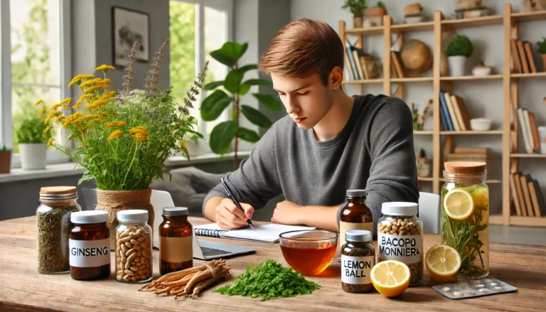 A wooden surface with ginkgo biloba, Rhodiola rosea, ashwagandha, and L-theanine capsules surrounded by greenery and soft light, symbolizing calm and natural focus support.