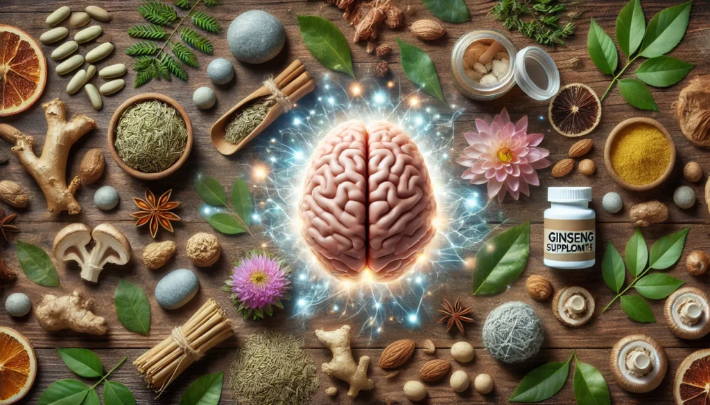 A glowing human brain surrounded by herbal supplements like Rhodiola, ginseng, and L-theanine, with natural stones and leaves emphasizing balance and cognitive clarity for ADHD.