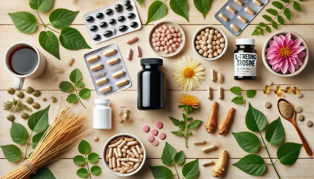 Exploring the Best OTC Stimulants and Natural Alternatives to ADHD Medication Without a Prescription 3 A clean layout of caffeine capsules, ginseng root, Rhodiola rosea, and L-tyrosine arranged on a bright wooden surface with greenery, symbolizing stimulant support without prescription ADHD meds.
