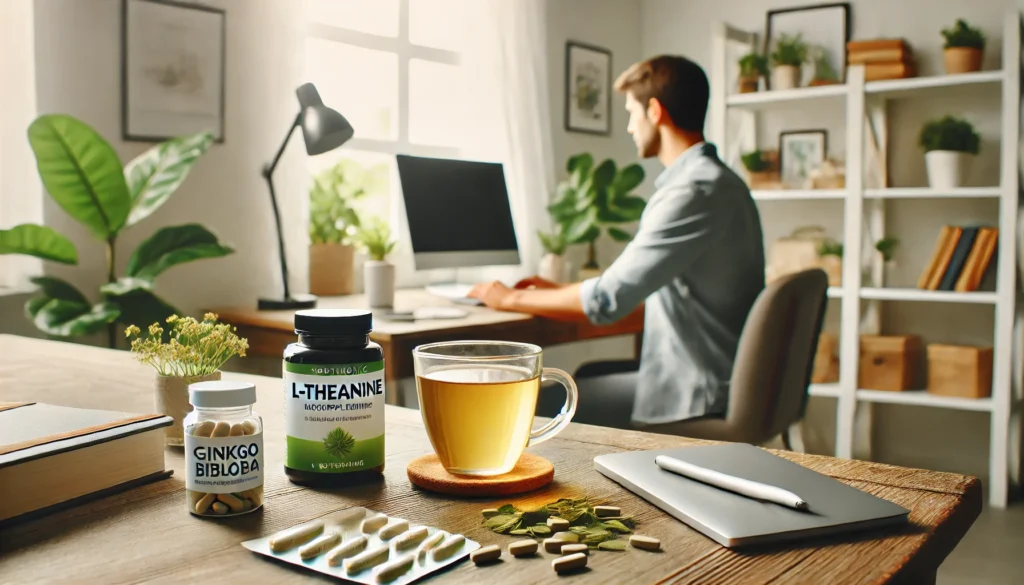 Exploring the Best OTC Stimulants and Natural Alternatives to ADHD Medication Without a Prescription 2 A bright home desk setup with an adult working attentively, alongside green tea and supplements like L-theanine and ginkgo biloba, representing improved focus through natural alternatives.