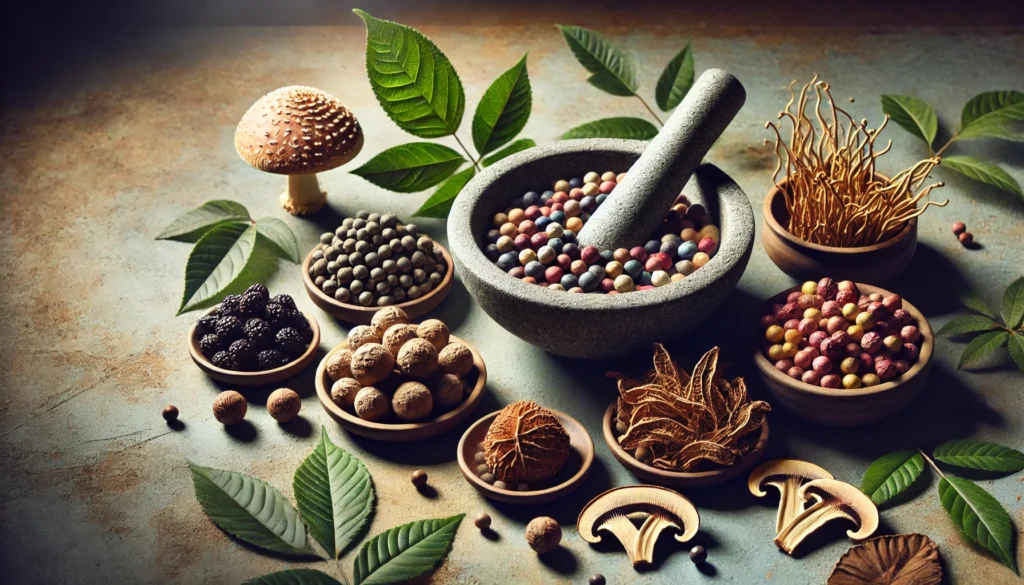 Exploring the Best OTC Stimulants and Natural Alternatives to ADHD Medication Without a Prescription 1 An artistic scene featuring guarana berries, yerba mate, and lion’s mane mushrooms in ceramic bowls, symbolizing plant-based brain stimulants as alternatives to conventional ADHD treatments.