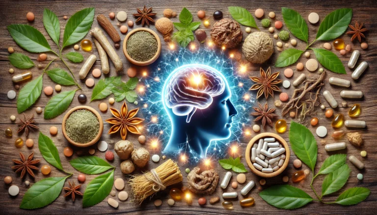 A glowing brain surrounded by Rhodiola, ginseng, and nootropic capsules, with natural textures like wood and leaves, representing cognitive enhancement through OTC ADHD alternatives.