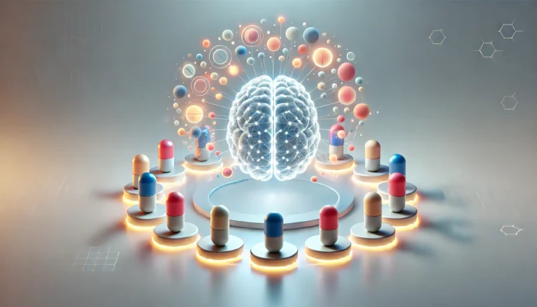 A glowing abstract brain encircled by softly lit capsules, illustrating balance and clarity in the safe pairing of antidepressant treatments.