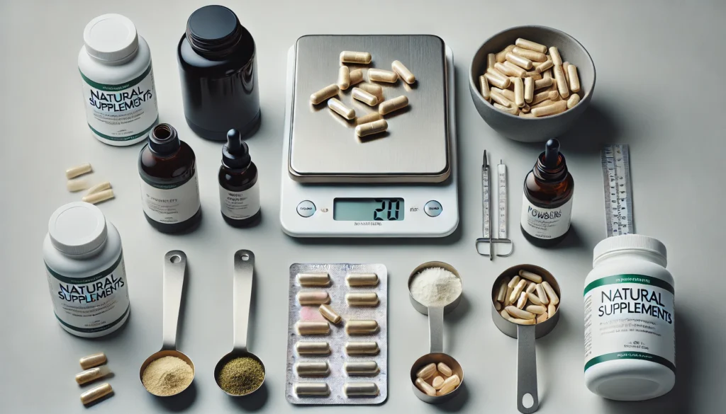 Safe Supplement Strategies: What Medications Can You Not Take with Adderall and Natural Ways to Support Focus 3 A clean flat lay featuring capsules, powders, tinctures, a digital scale, and measuring spoons, representing precision and safety in supplement use.