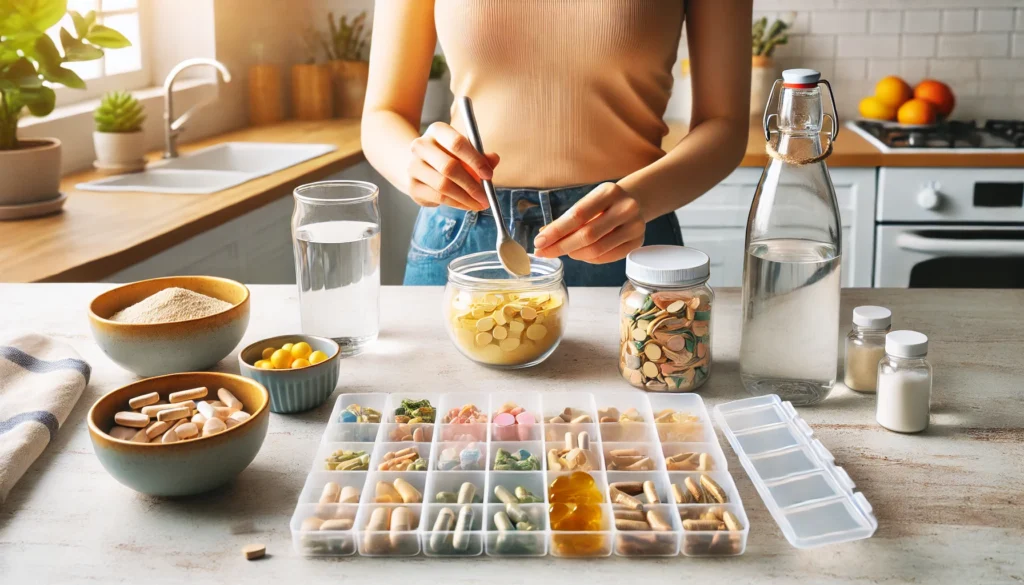 Safe Supplement Strategies: What Medications Can You Not Take with Adderall and Natural Ways to Support Focus 2 A calming display of supplements in glass jars on a shelf, surrounded by plants and natural light, emphasizing a safe and conscious approach to supplementation.