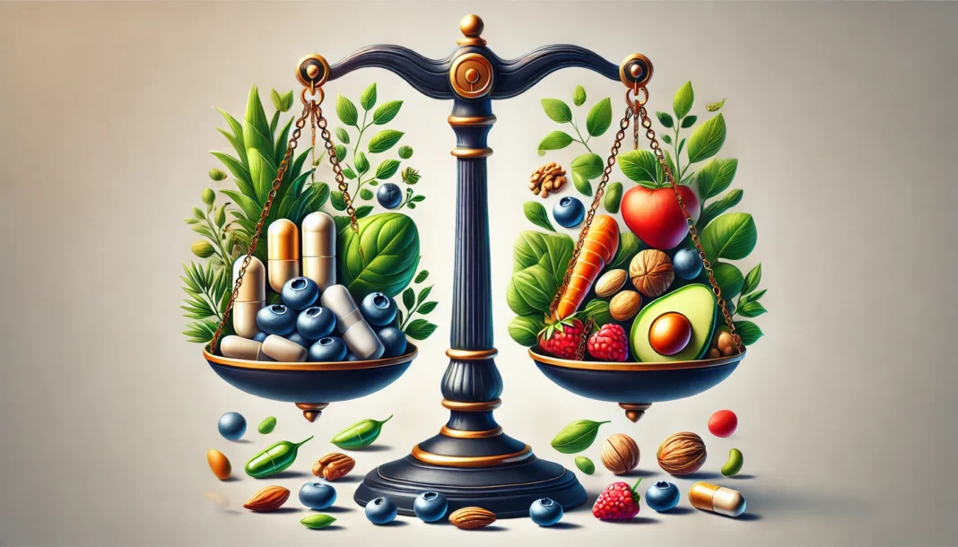 A symbolic image showing a balance scale holding capsules on one side and whole foods like berries and greens on the other, representing strategic and balanced supplement use for wellness.