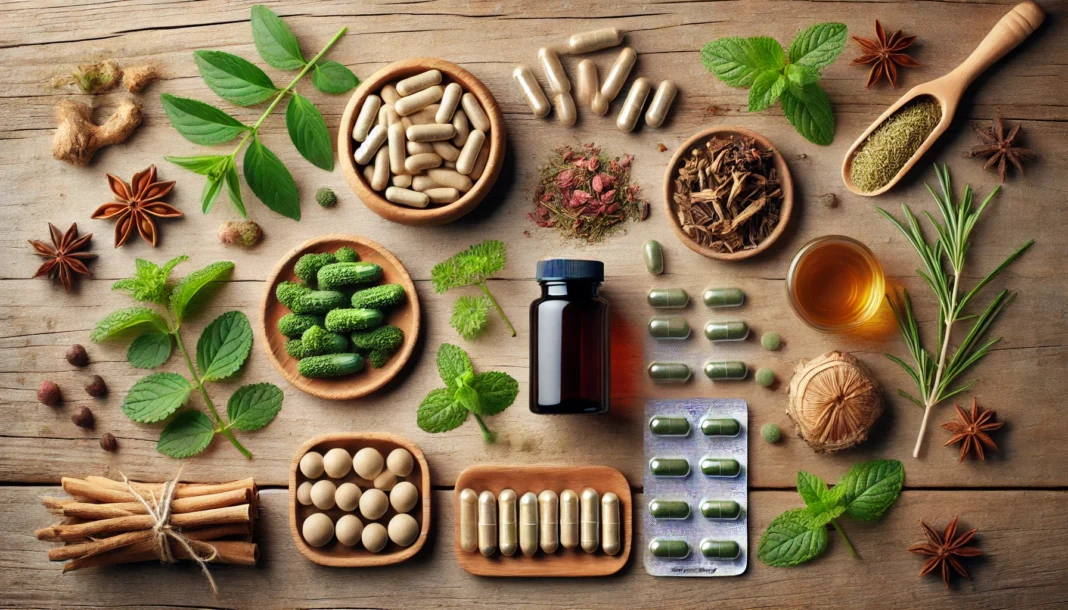 Capsules of Rhodiola rosea, bacopa monnieri, ginseng, and L-theanine arranged with fresh herbs on a wooden surface, symbolizing natural support for concentration.