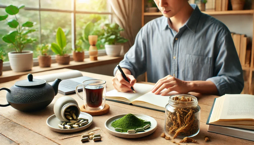 The Best Herbal Supplements and Natural Pills for Focus, Energy, and Everyday Wellness 1 A serene workspace where an adult works with focus, surrounded by matcha, lion’s mane capsules, and ginkgo biloba tea, representing natural remedies for mental clarity.