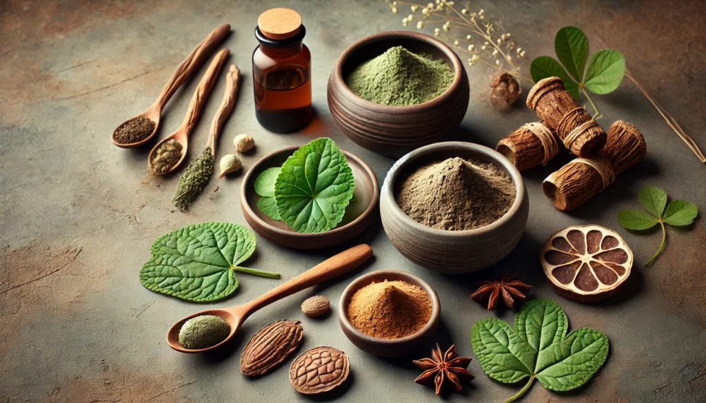 The Best Herbal Supplements and Natural Pills for Focus, Energy, and Everyday Wellness 2 A natural wellness scene with gotu kola, green tea extract, and maca root powder in ceramic bowls, emphasizing energy and focus through plant-based supplements.