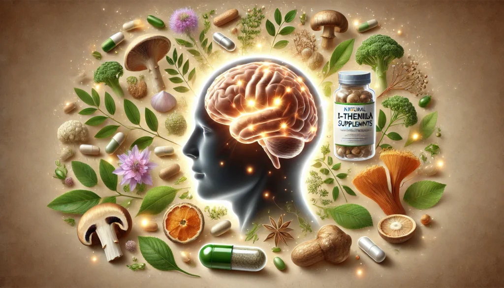 The Best Herbal Supplements and Natural Pills for Focus, Energy, and Everyday Wellness 3 A glowing brain illustration surrounded by ginkgo biloba, Rhodiola rosea, L-theanine, and lion’s mane, representing cognitive enhancement through natural focus supplements.