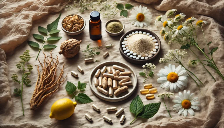 A calming arrangement of ashwagandha root, lemon balm, magnesium capsules, and chamomile flowers on linen, representing natural emotional balance support.