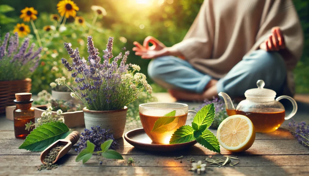Essential oils, flower petals, herbal tinctures, and calming stones placed on a woven mat, representing holistic natural approaches to stress relief and mood stability.