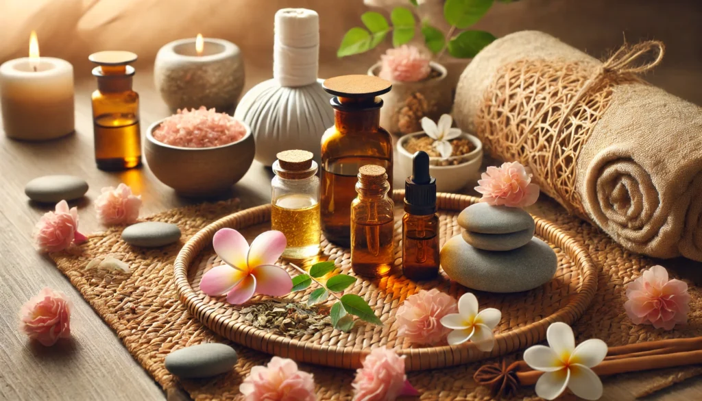 A person meditating in nature with soft sunlight and calming elements like lavender and herbal tea, symbolizing mindfulness and herbal remedies for emotional well-being.