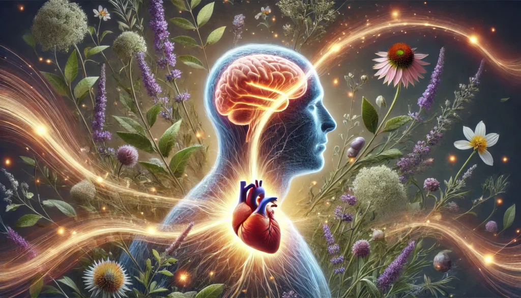 A glowing heart and brain connected by flowing light, surrounded by lavender, passionflower, and ashwagandha, symbolizing the emotional mind-body connection supported by herbs.