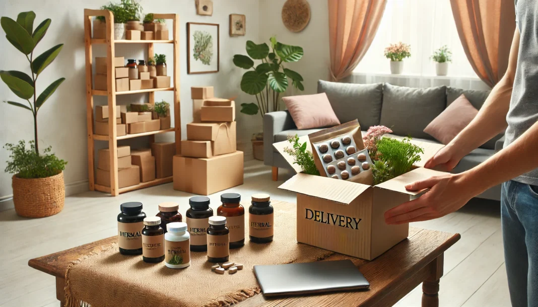 A bright and well-arranged supplement shop with eco-friendly packaging and glass jars, symbolizing transparency and product quality.