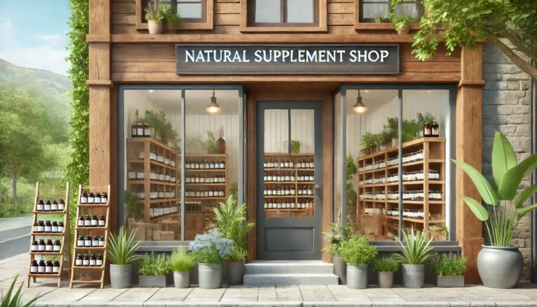 A charming supplement shop with wooden exterior, large windows, and plants at the entrance, representing a trustworthy nearby location for natural health products.