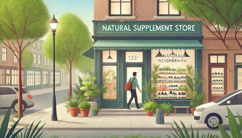 A peaceful street scene with a person walking into a cozy natural wellness shop, evoking a calm, local shopping experience for herbal supplements.