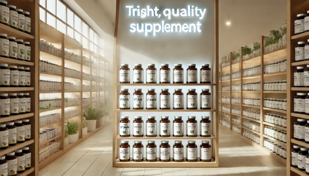 How to Choose Reputable Vitamin Brands: A Guide to Trustworthy Supplements for Natural Wellness 3 A clean and modern supplement shelf with neatly arranged vitamin bottles in eco-friendly packaging, symbolizing quality and transparency in vitamin selection.