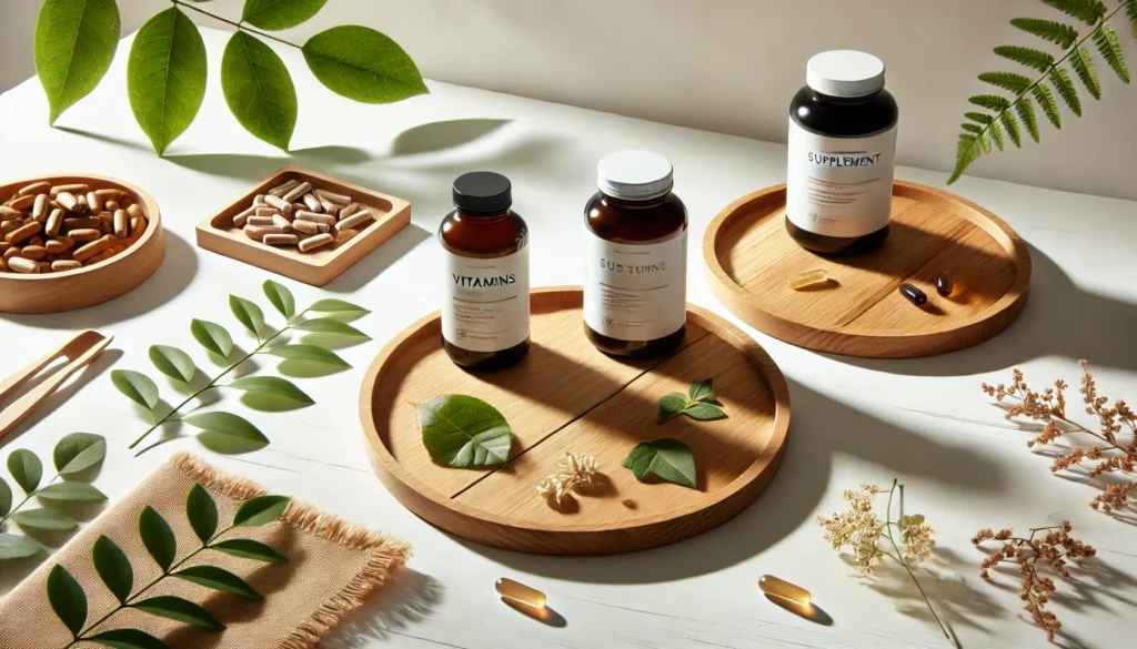 How to Choose Reputable Vitamin Brands: A Guide to Trustworthy Supplements for Natural Wellness 2 A bright comparison of three supplement bottles on a white surface surrounded by natural elements, representing informed decision-making between trusted brands.