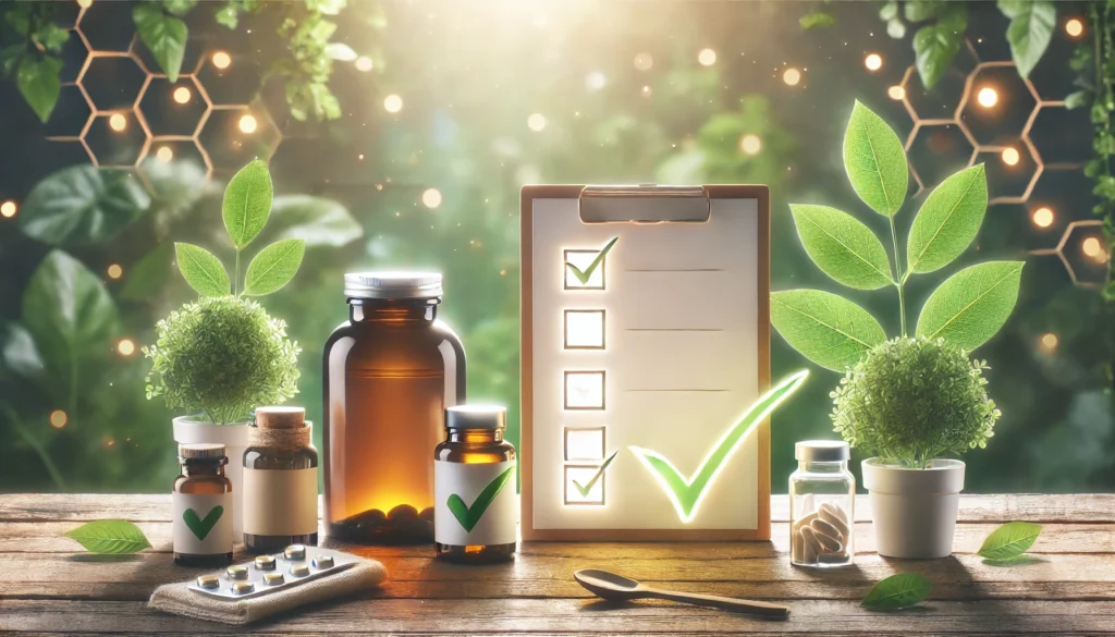 How to Choose Reputable Vitamin Brands: A Guide to Trustworthy Supplements for Natural Wellness 1 A glowing conceptual checklist next to clean supplement containers and herbal elements, conveying the process of evaluating reputable vitamin brands.